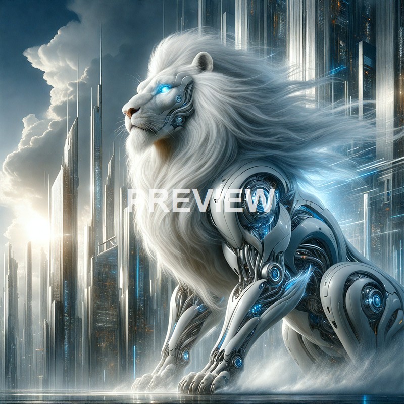 A majestic lion with a robotic, cybernetic body and glowing blue eye, set against a futuristic cityscape with tall, illuminated buildings and a cloudy sky.